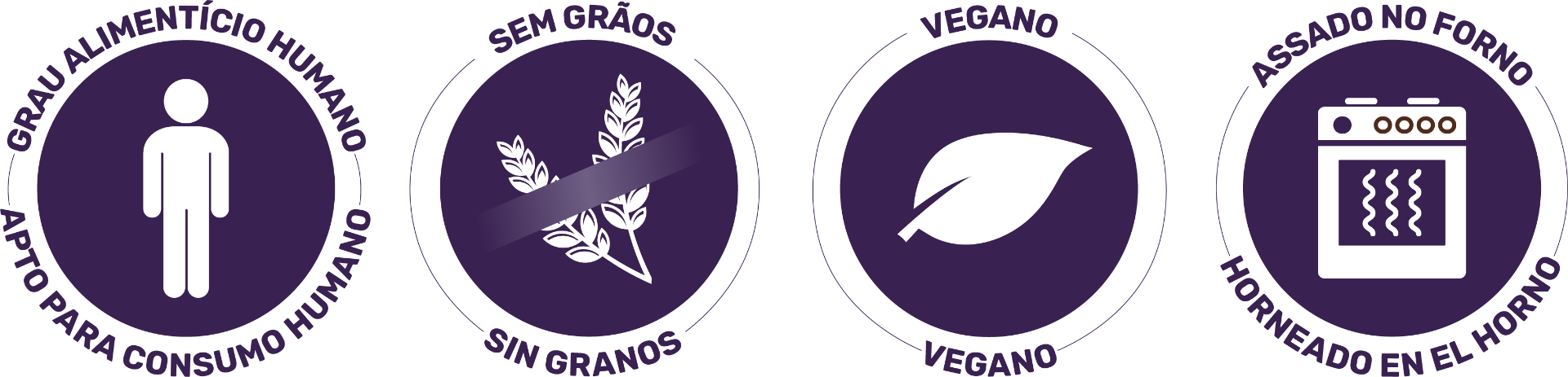 Selos de qualidade Indomitable Patagonia: Human Grade, Grain Free, Vegan e Oven Baked